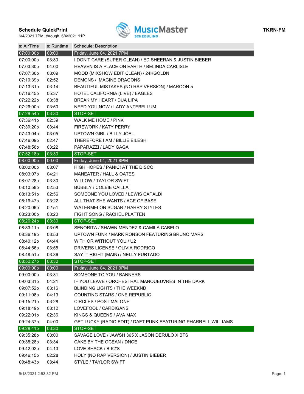 Schedule Quickprint TKRN-FM