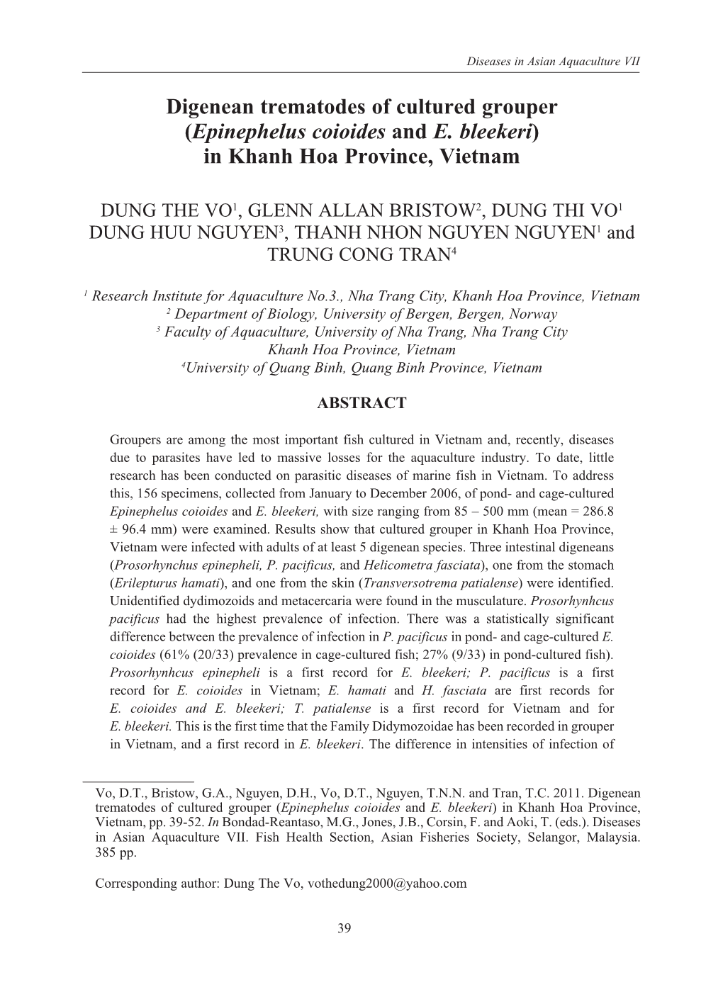 Digenean Trematodes of Cultured Grouper (Epinephelus Coioides and E