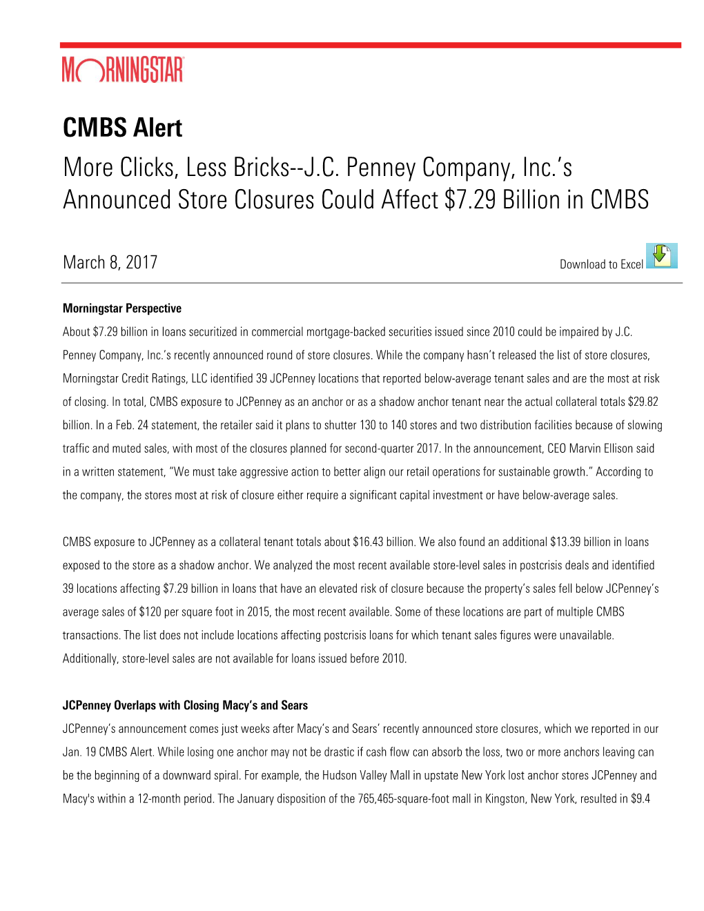 CMBS Alert More Clicks, Less Bricks--J.C. Penney Company, Inc.’S Announced Store Closures Could Affect $7.29 Billion in CMBS