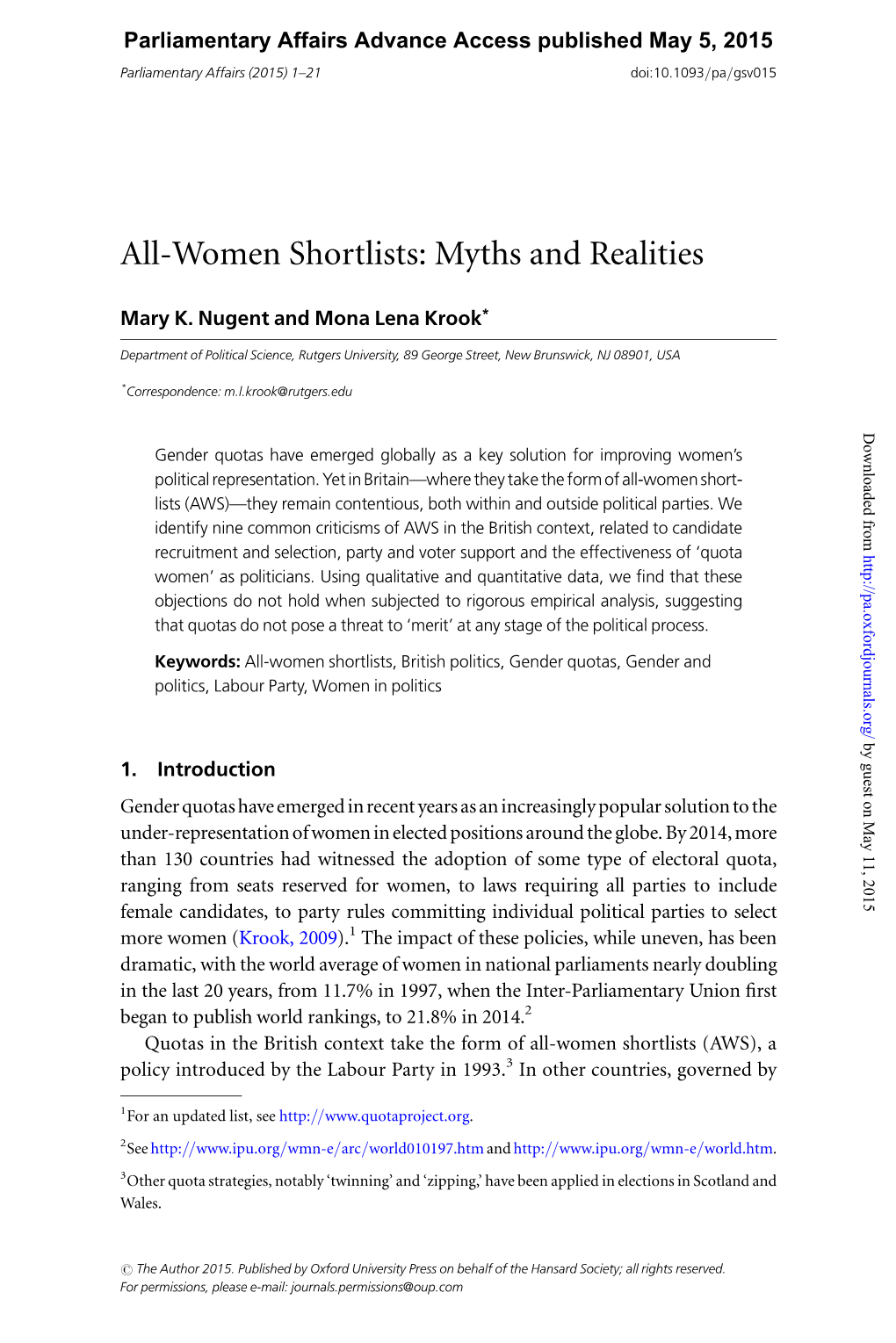 All-Women Shortlists: Myths and Realities