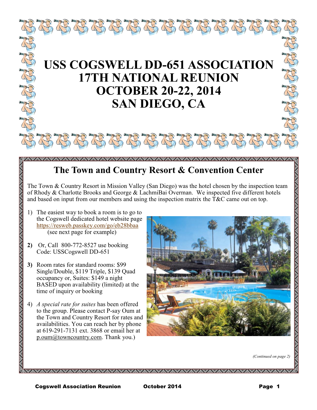 Uss Cogswell Dd-651 Association 17Th National Reunion October 20-22, 2014 San Diego, Ca