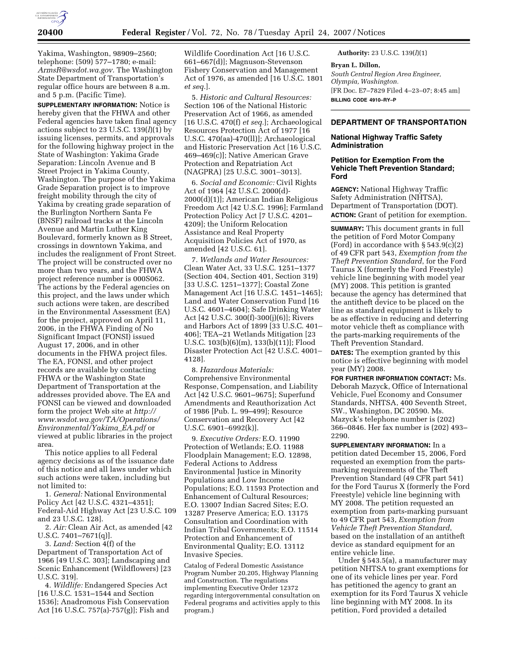 Federal Register/Vol. 72, No. 78/Tuesday April 24, 2007/Notices