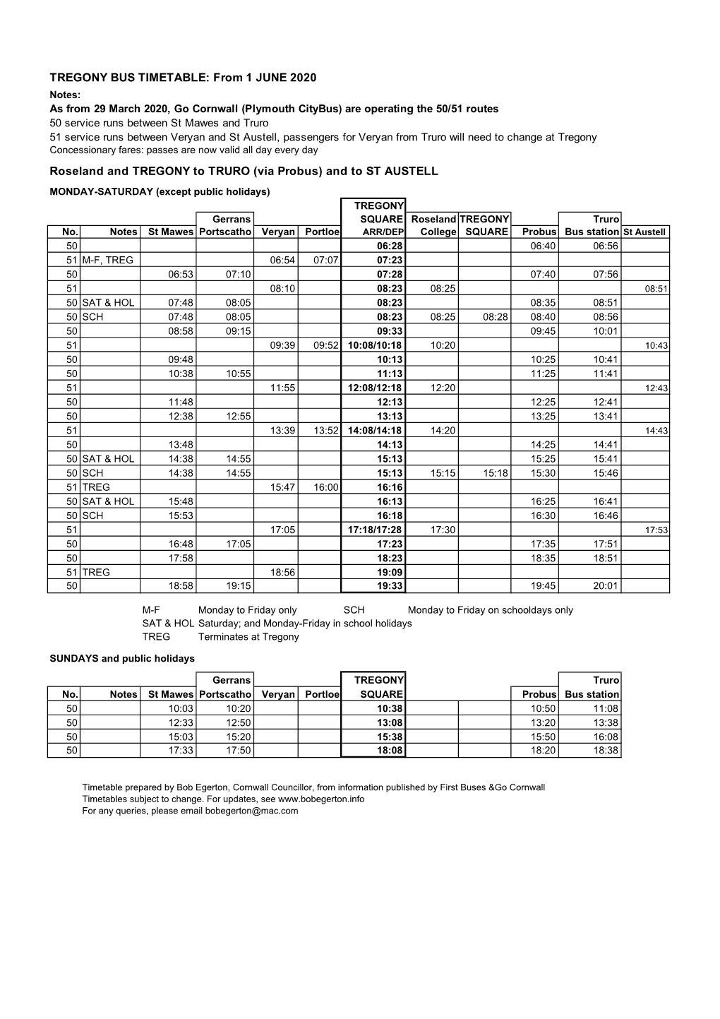 TREGONY BUS TIMETABLE: from 1 JUNE 2020