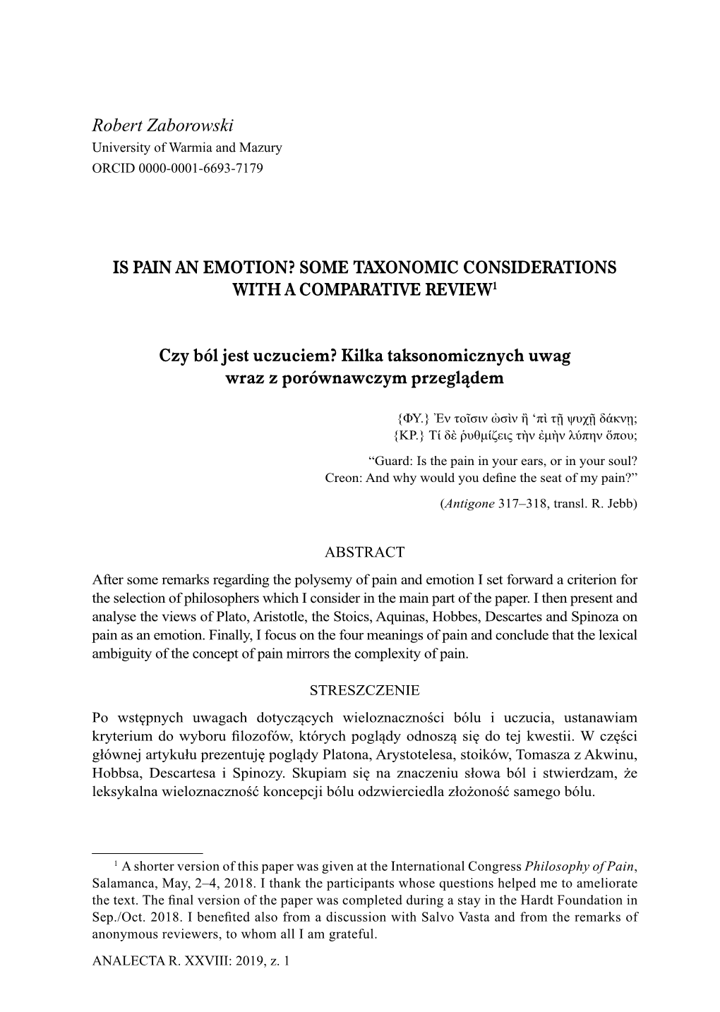 Robert Zaborowski IS PAIN an EMOTION? SOME TAXONOMIC