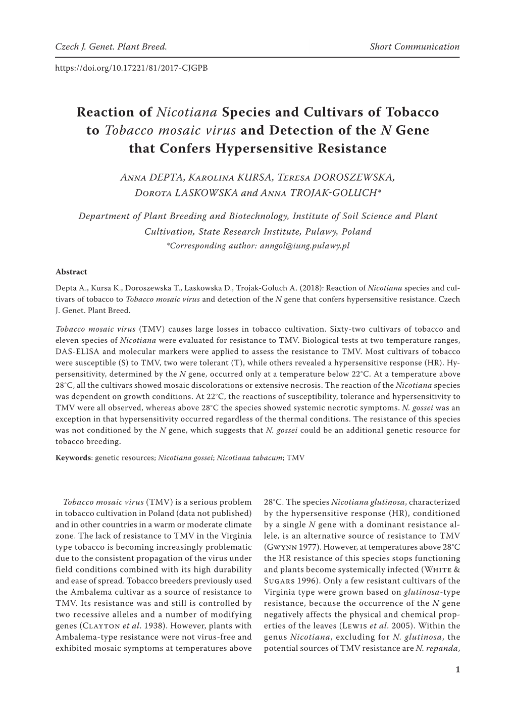 Reaction of Nicotiana Species and Cultivars of Tobacco to Tobacco Mosaic Virus and Detection of the N Gene That Confers Hypersensitive Resistance