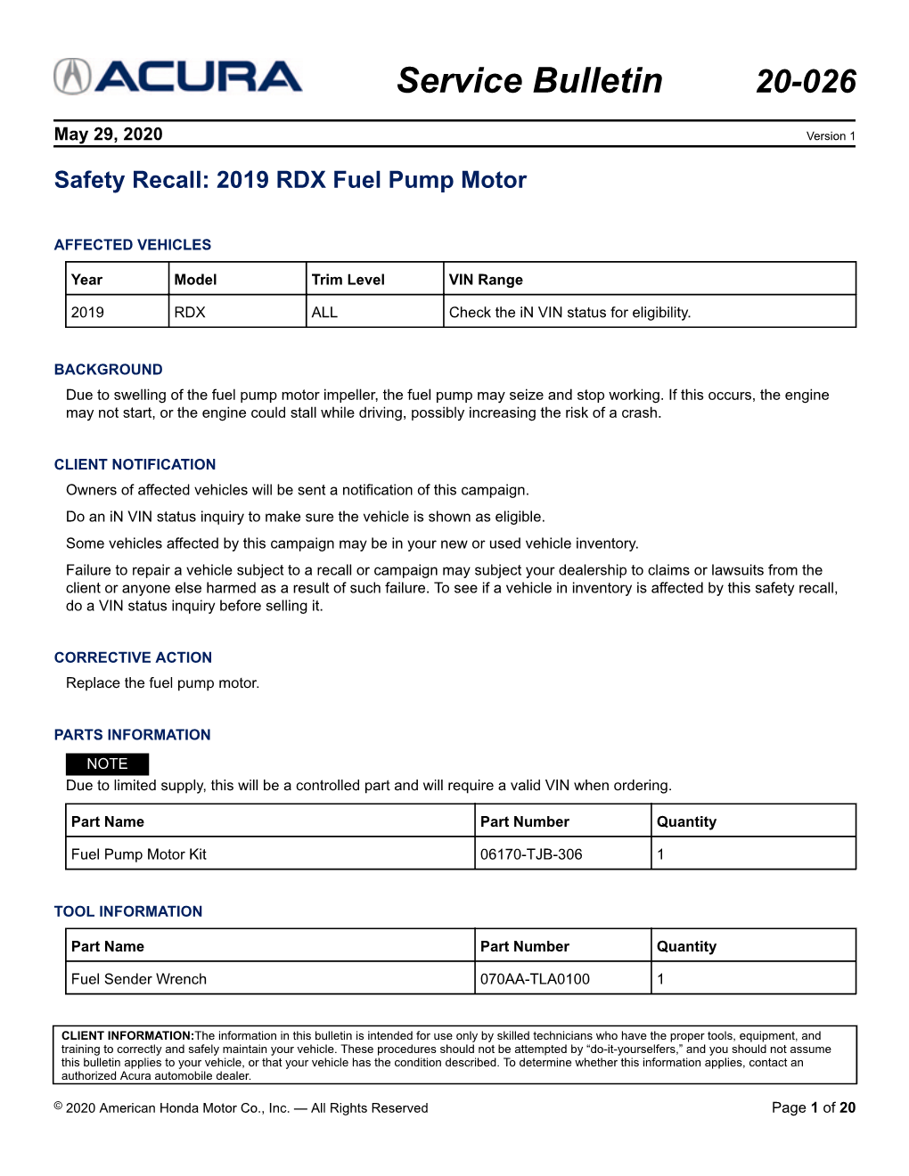 2019 RDX Fuel Pump Motor