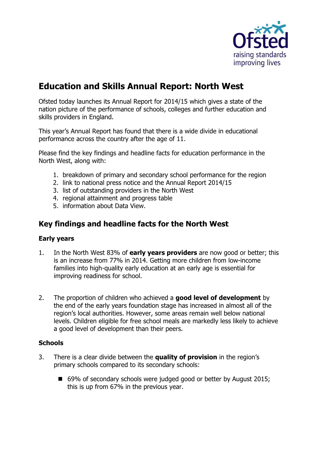 Education and Skills Annual Report: North West