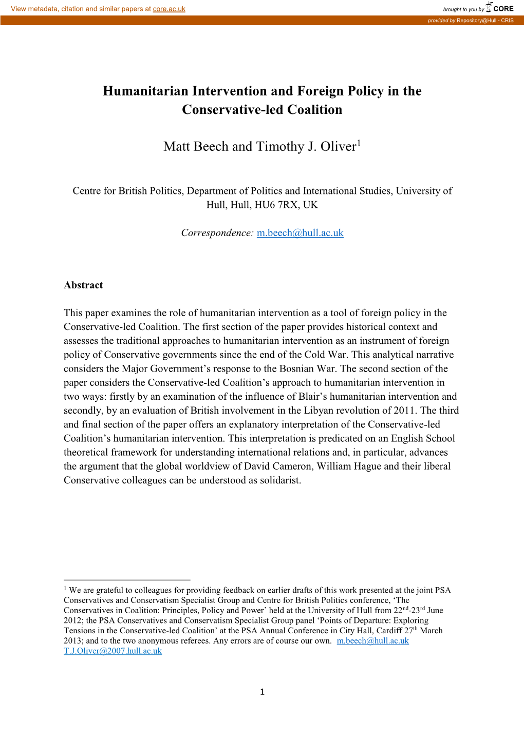 Humanitarian Intervention and Foreign Policy in the Conservative-Led Coalition