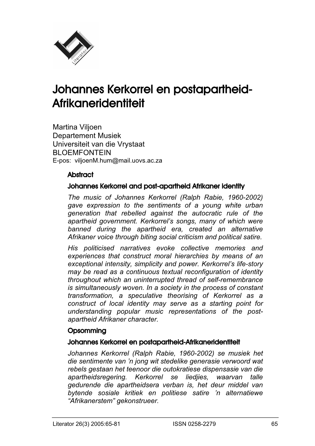 Johannes Kerkorrel En Postapartheid- Afrikaneridentiteit