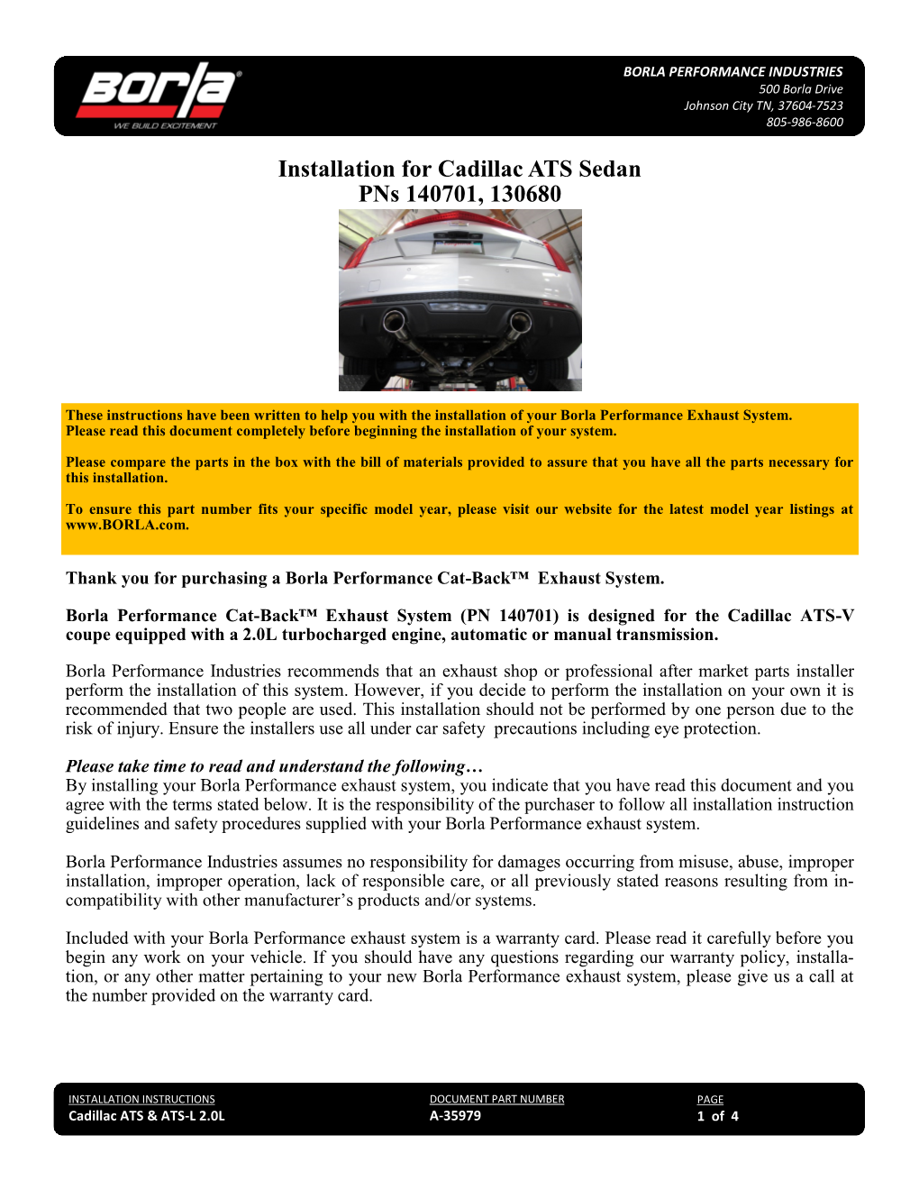 Installation for Cadillac ATS Sedan Pns 140701, 130680