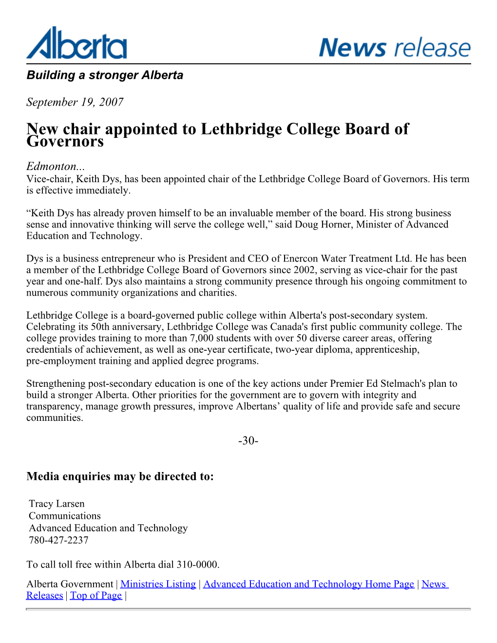 New Chair Appointed to Lethbridge College Board of Governors Edmonton
