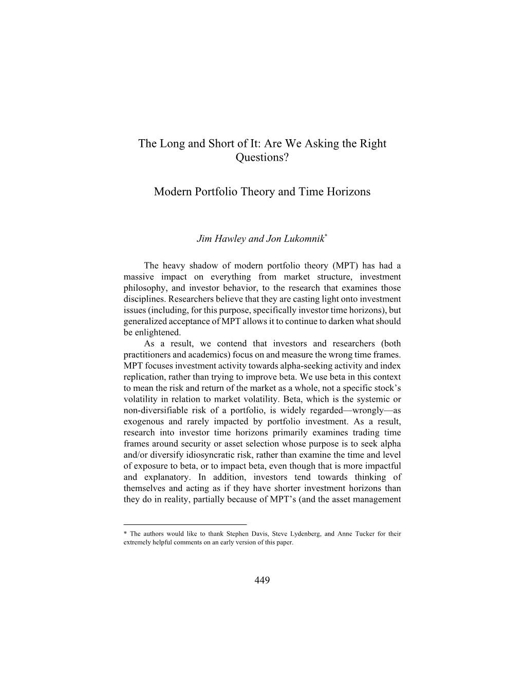 Modern Portfolio Theory and Time Horizons