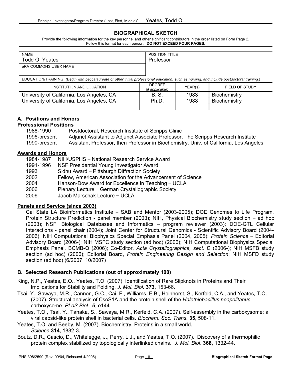 PHS 398 (Rev. 9/04), Biographical Sketch Format Page s9