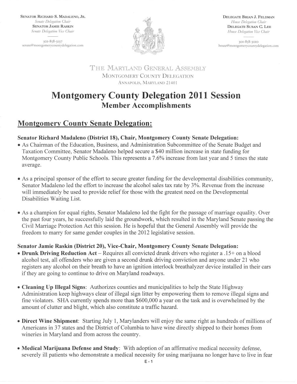 Montgomery County Delegation 2011 Session Member Accomplish Ments