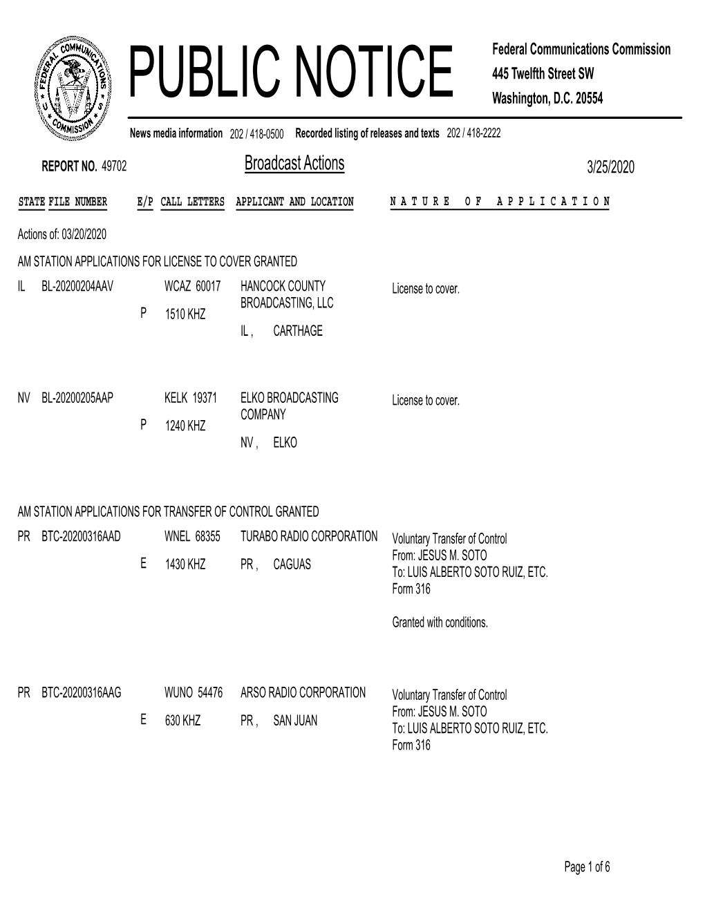 PUBLIC NOTICE Federal Communications Commission