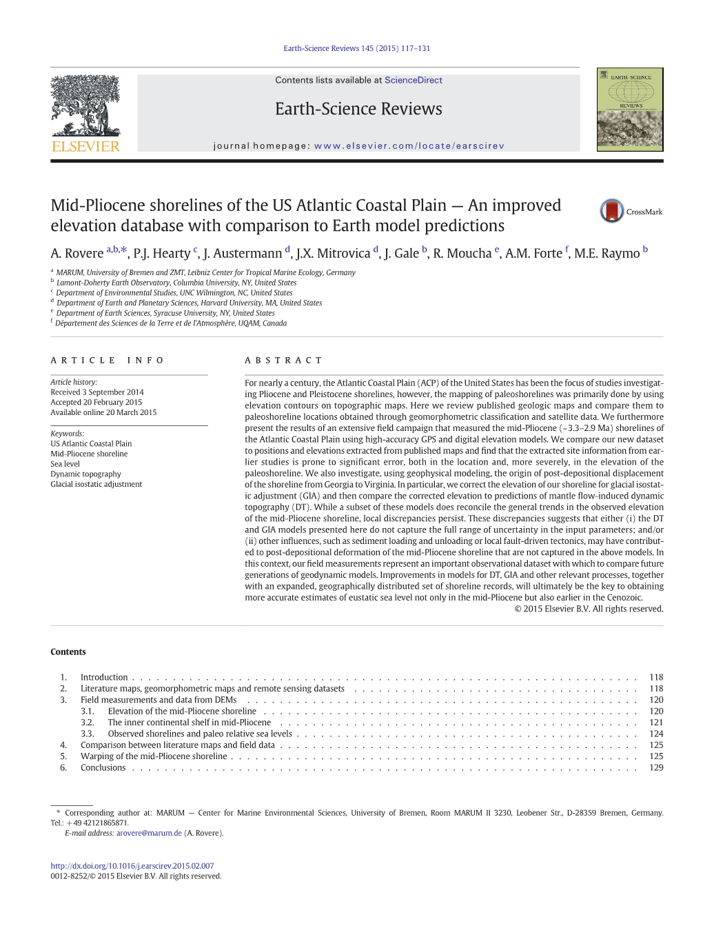 Mid-Pliocene Shorelines of the US Atlantic Coastal Plain — an Improved Elevation Database with Comparison to Earth Model Predictions