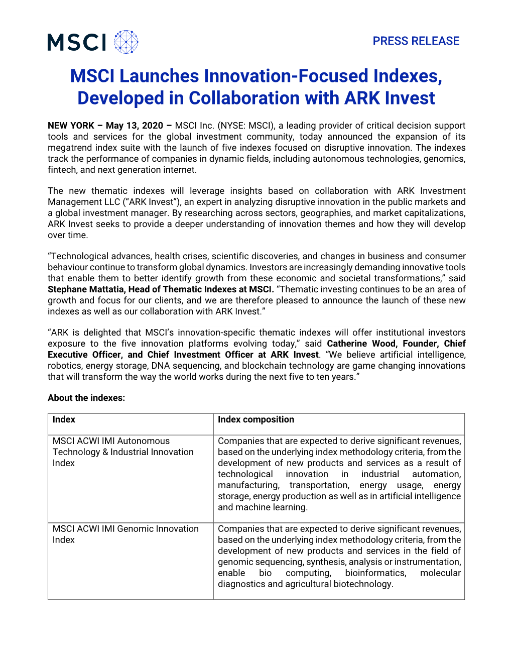 MSCI Launches Innovation-Focused Indexes, Developed in Collaboration with ARK Invest