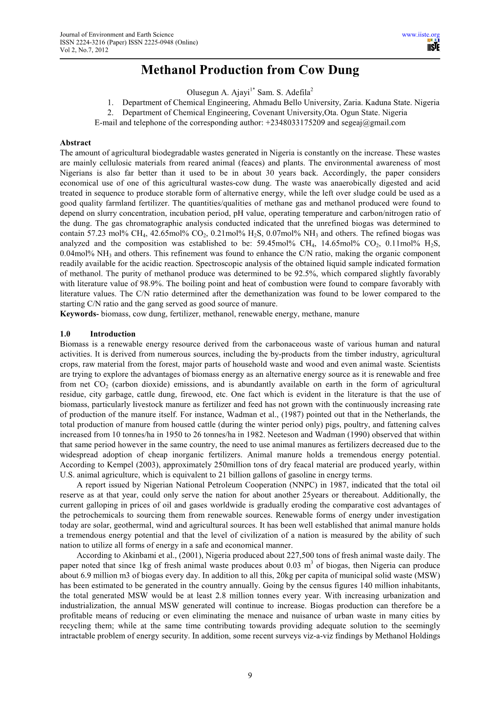 Methanol Production from Cow Dung