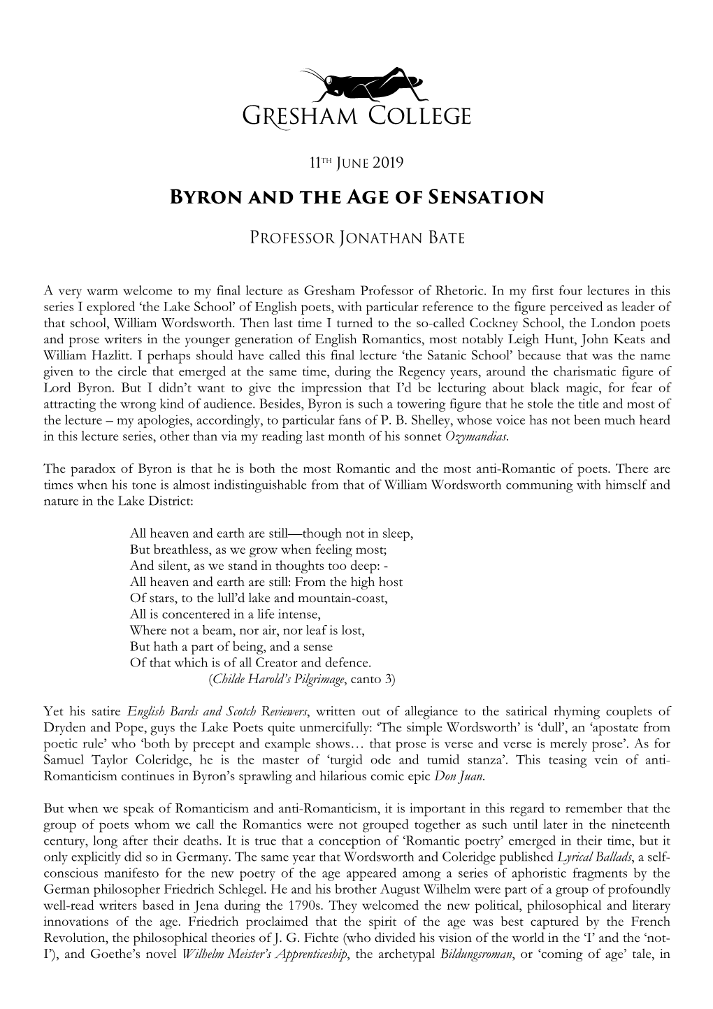 Byron and the Age of Sensation
