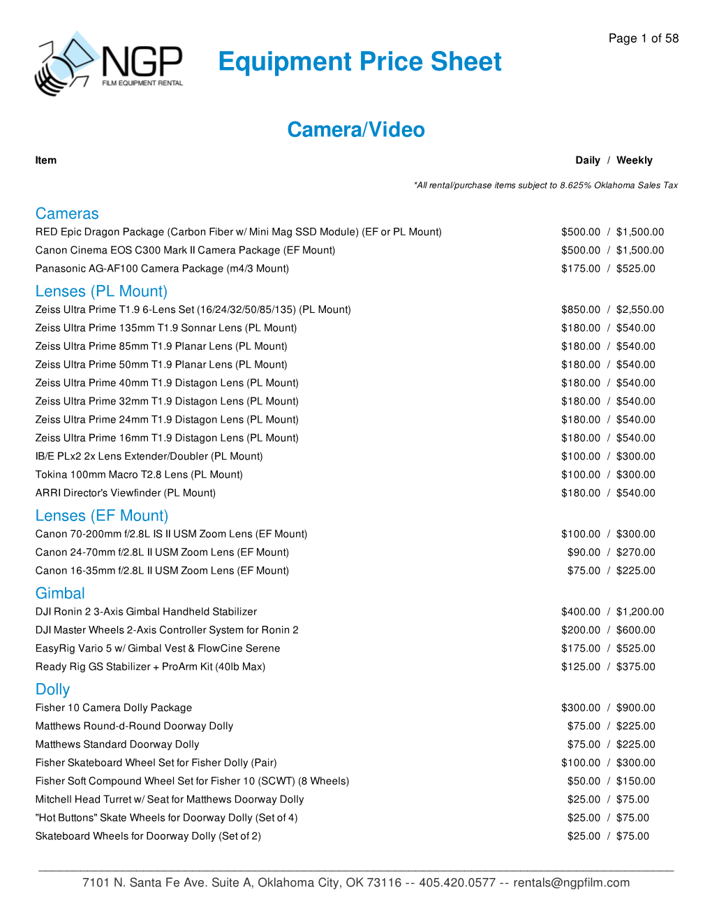 Equipment Price Sheet