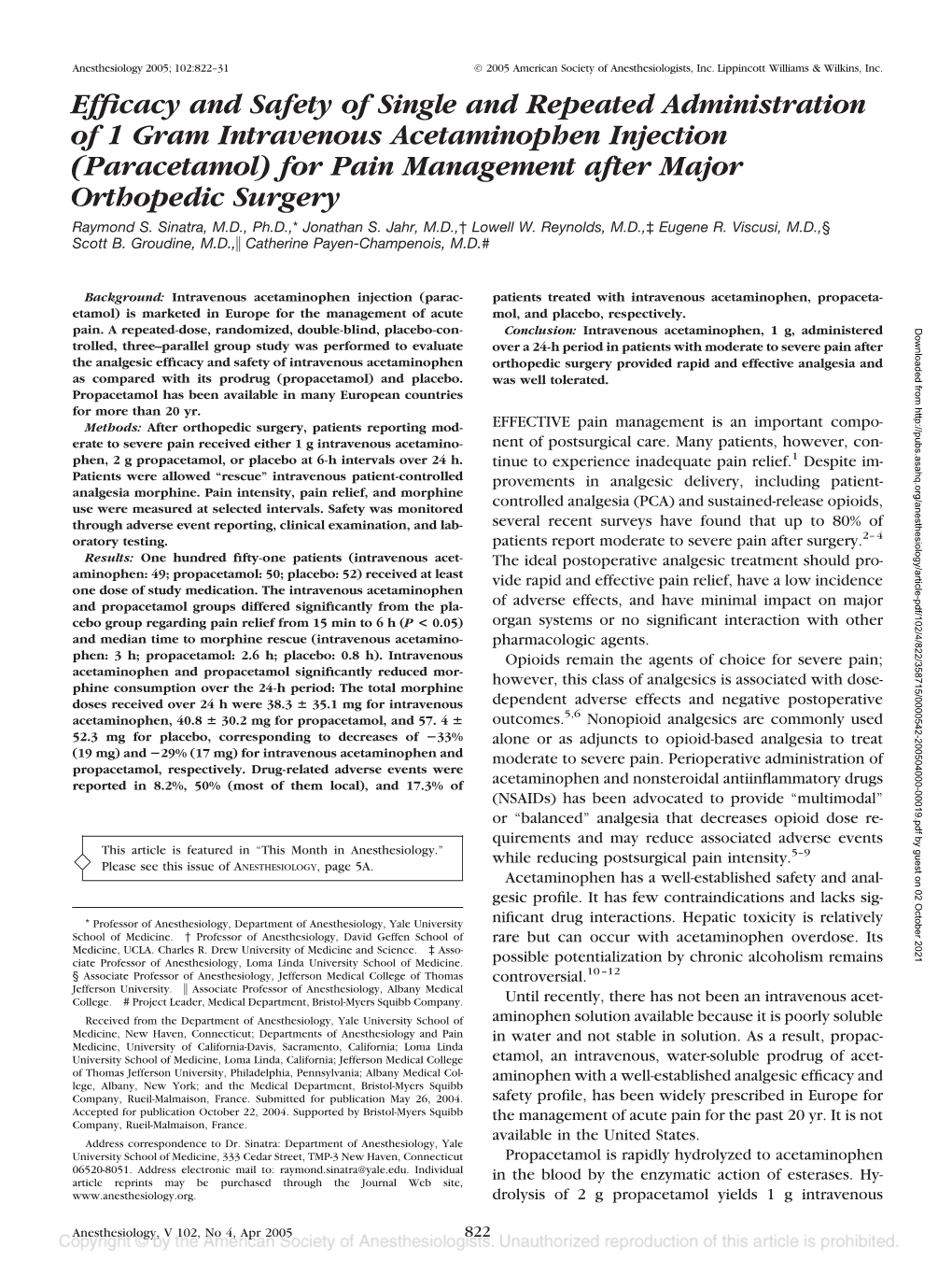 Efficacy and Safety of Single and Repeated Administration of 1 Gram Intravenous Acetaminophen Injection (Paracetamol) for Pain M