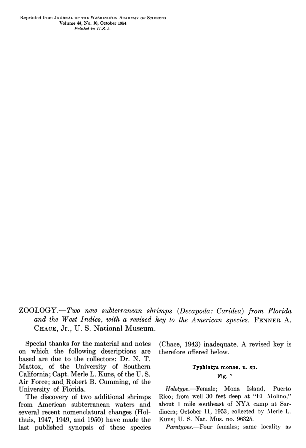 ZOOLOGY .-Two New Subterranean Shrimps (Decapoda: Caridea) from Florida and the West Indies, with a Revised Key to the American Species