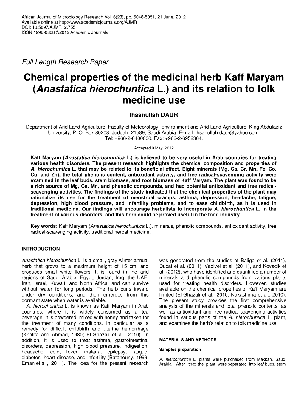 Chemical Properties of the Medicinal Herb Kaff Maryam (Anastatica Hierochuntica L.) and Its Relation to Folk Medicine Use