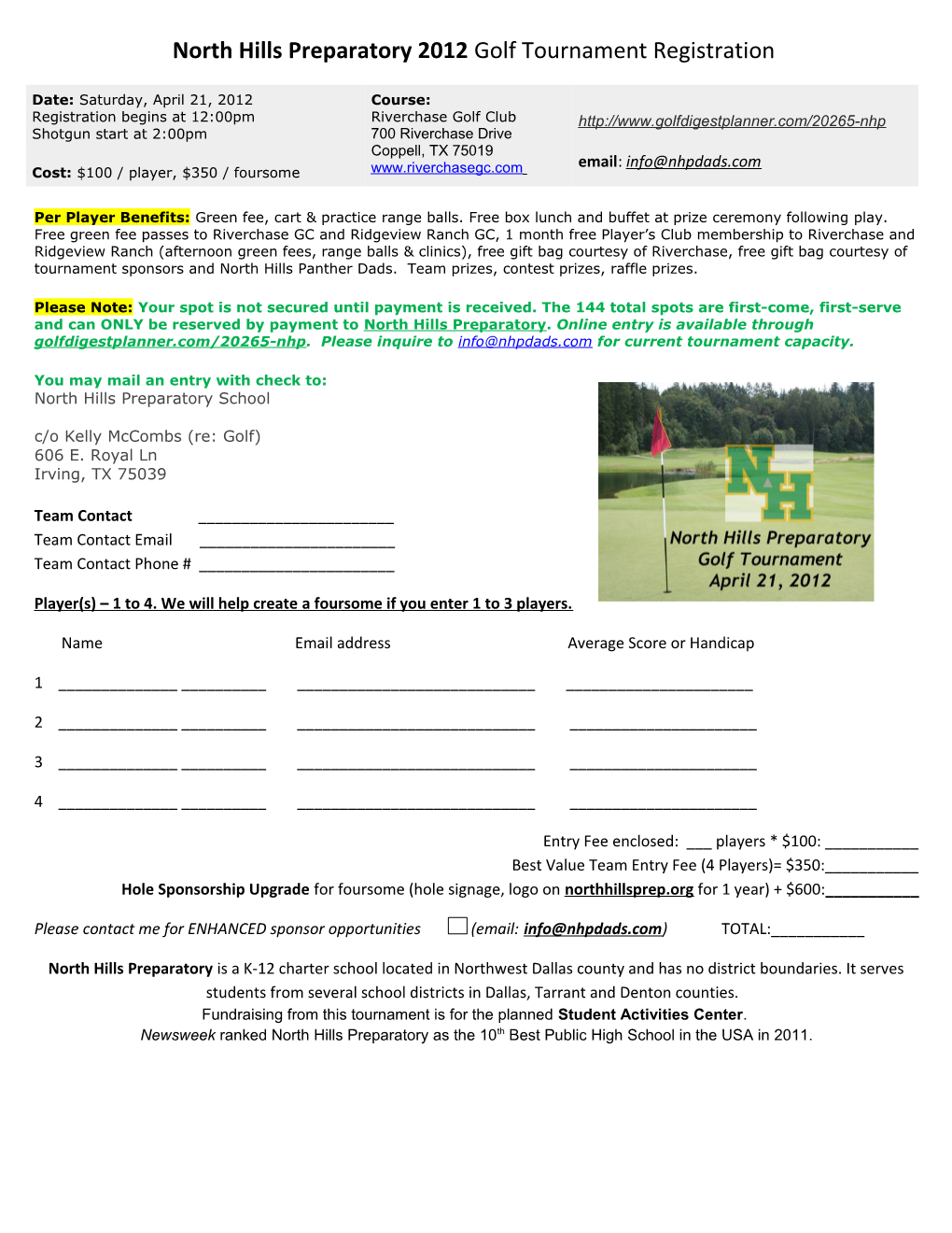 North Hills Preparatory 2012 Golf Tournament Registration