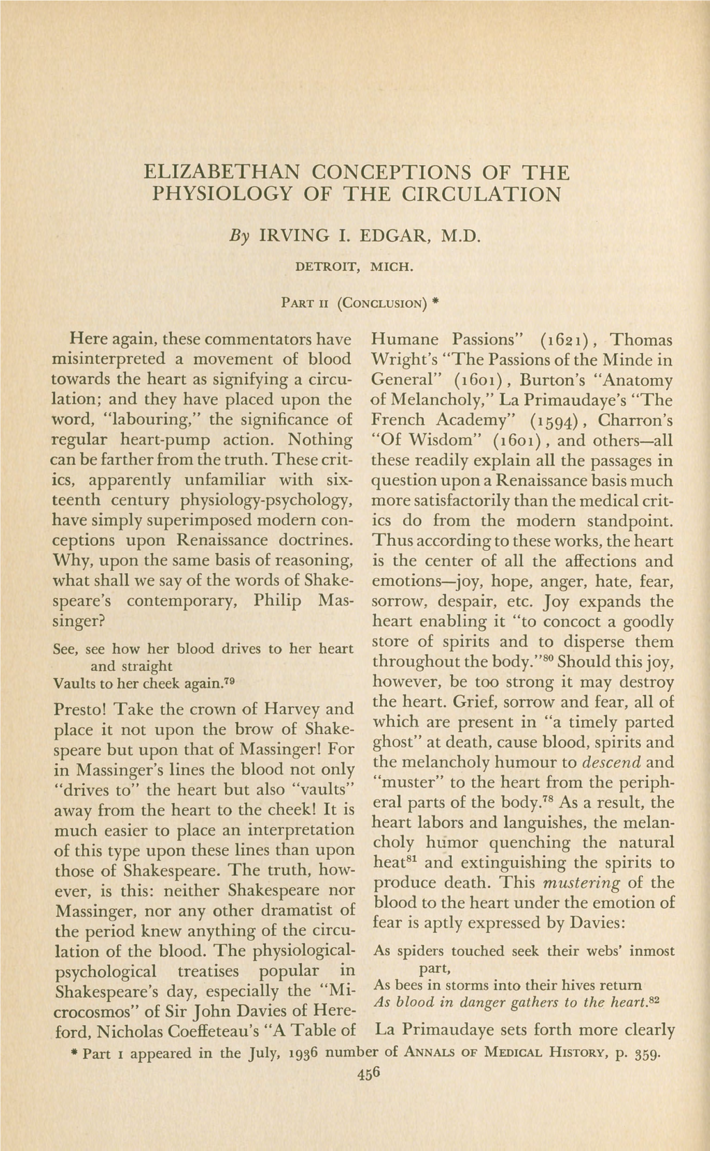 Elizabethan Conceptions of the Physiology of the Circulation