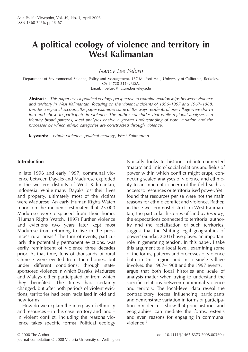 A Political Ecology of Violence and Territory in West Kalimantan