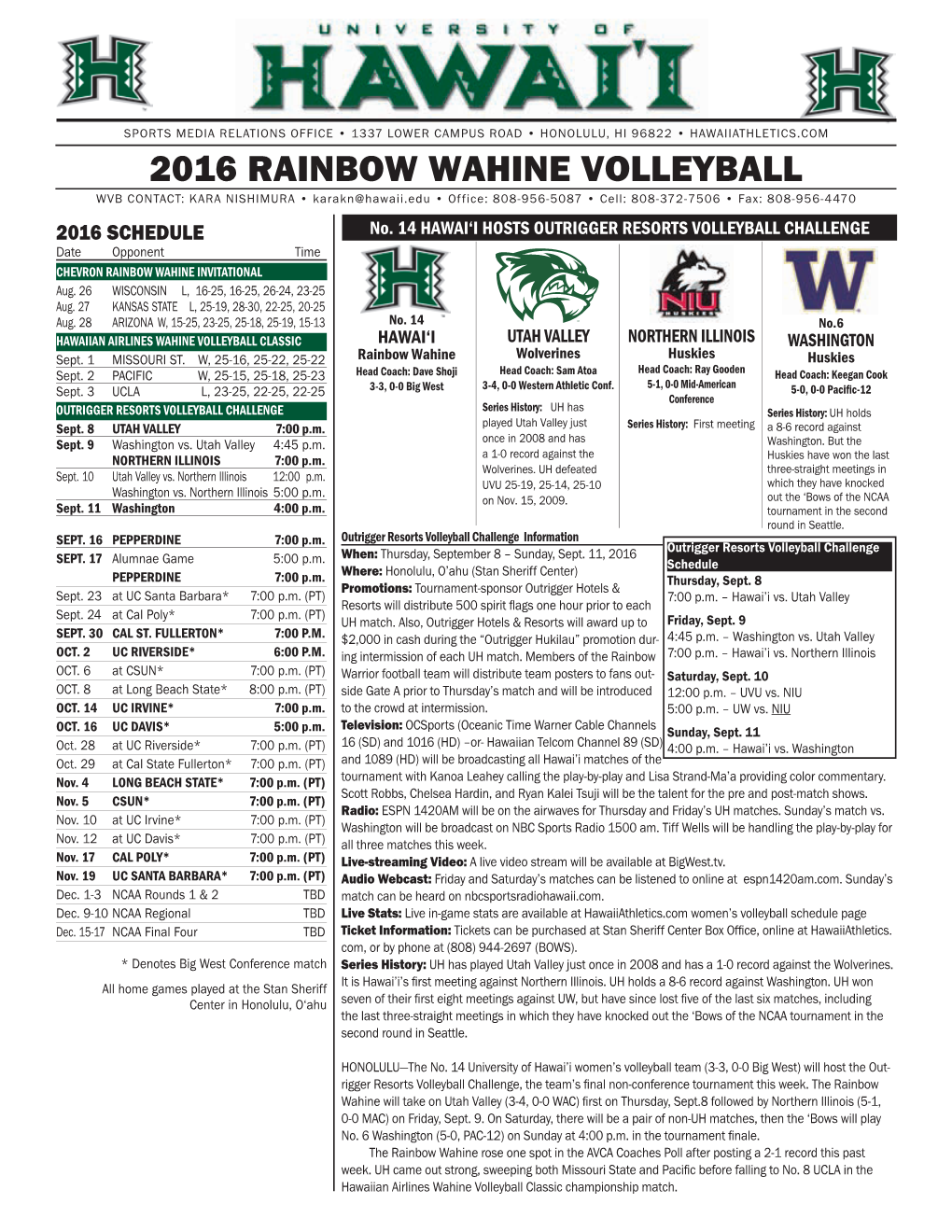 2016 RAINBOW WAHINE VOLLEYBALL WVB CONTACT: KARA NISHIMURA • Karakn@Hawaii.Edu • Office: 808-956-5087 • Cell: 808-372-7506 • Fax: 808-956-4470 2016 SCHEDULE No