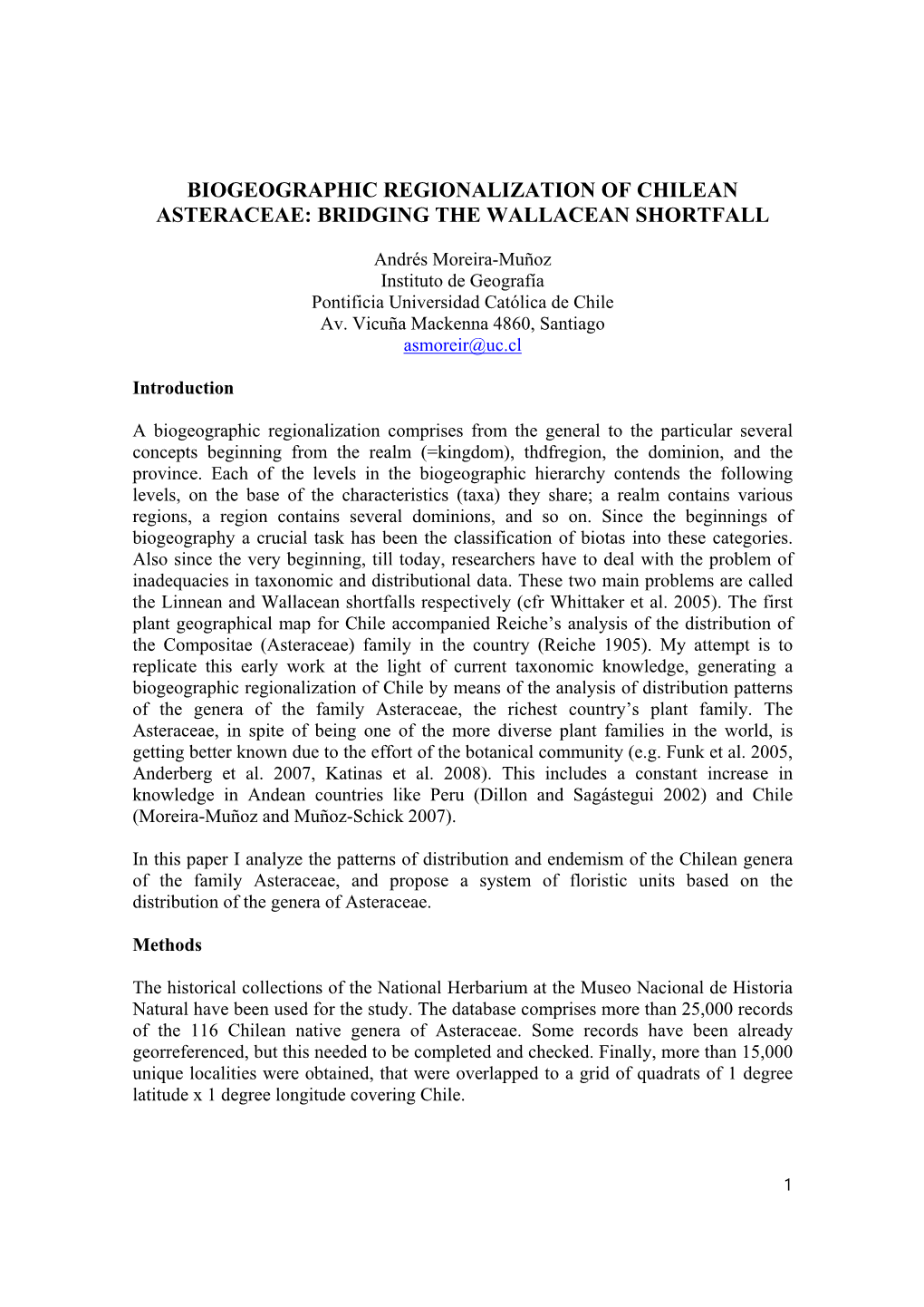 Biogeographic Regionalization of Chilean Asteraceae: Bridging the Wallacean Shortfall