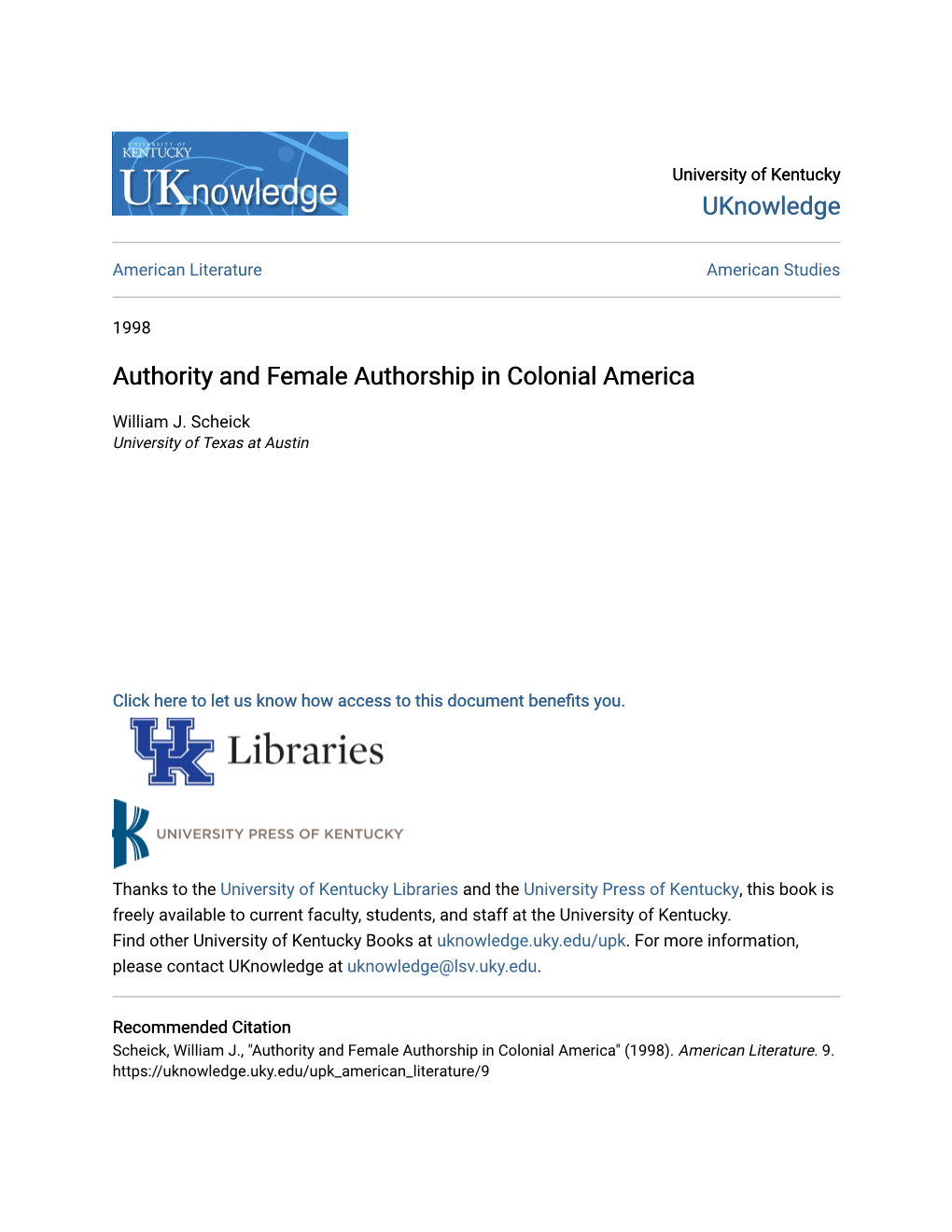 Authority and Female Authorship in Colonial America