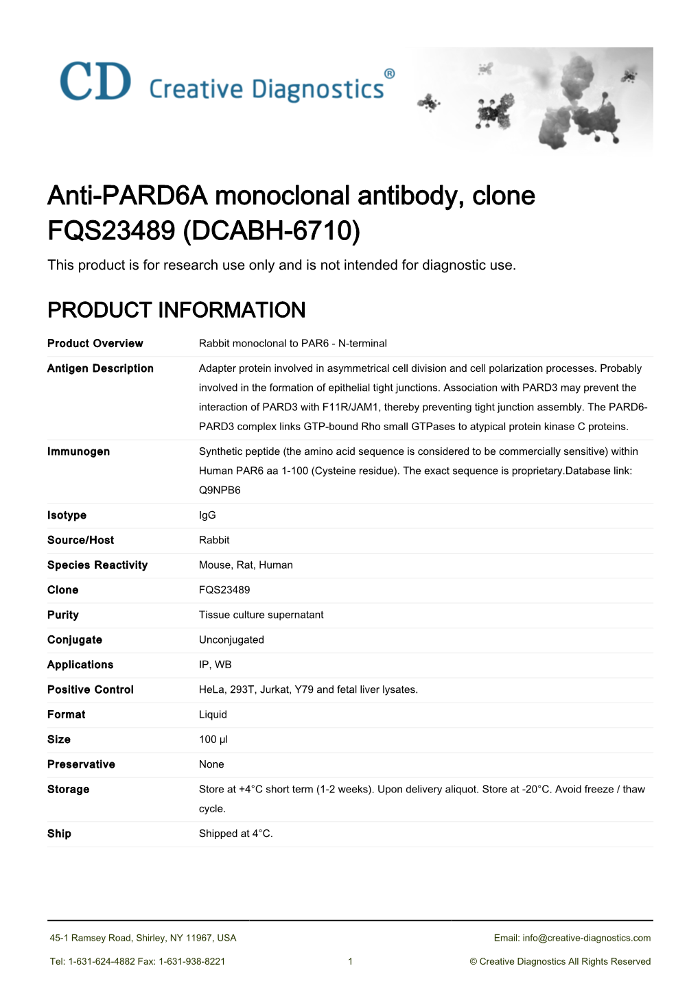 Anti-PARD6A Monoclonal Antibody, Clone FQS23489 (DCABH-6710) This Product Is for Research Use Only and Is Not Intended for Diagnostic Use