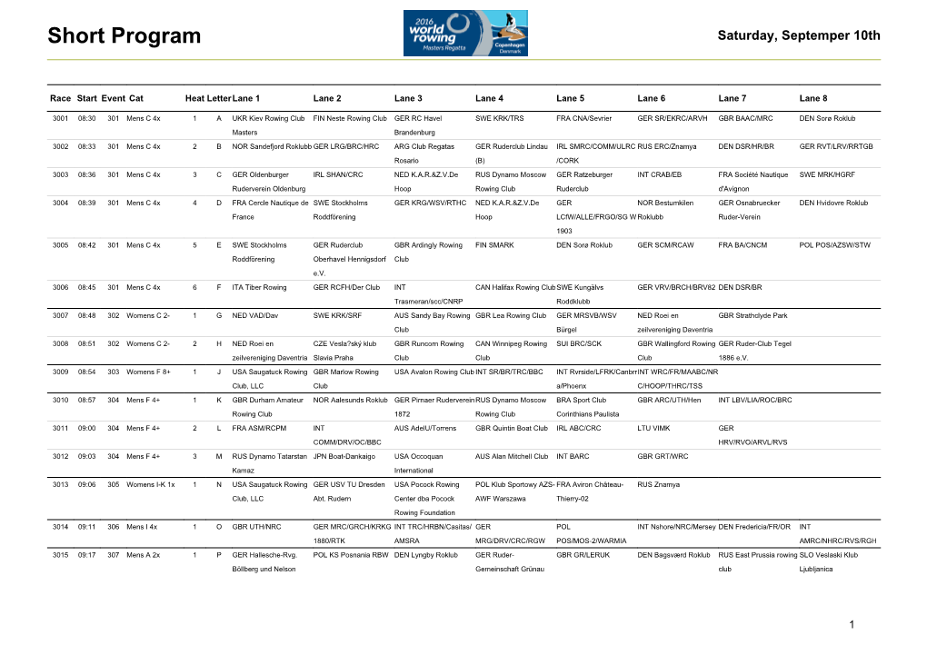 Short Program Saturday, Septemper 10Th