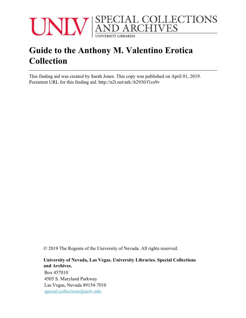 Guide to the Anthony M. Valentino Erotica Collection