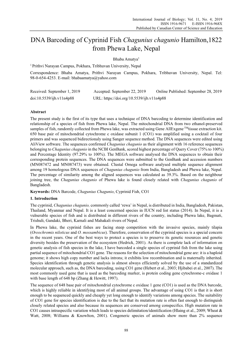 DNA Barcoding of Cyprinid Fish Chagunius Chagunio Hamilton,1822 from Phewa Lake, Nepal