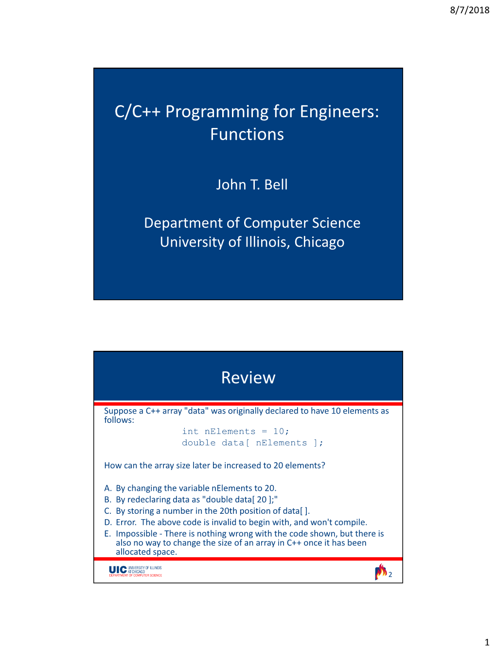 C/C++ Programming for Engineers: Functions Review