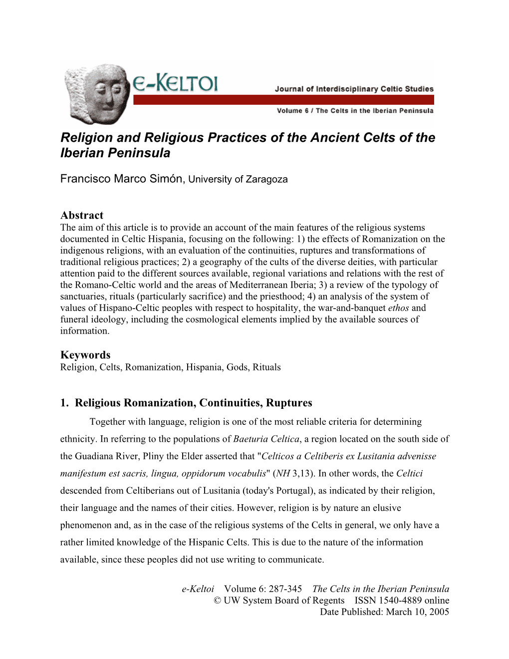 Religion and Religious Practices of the Ancient Celts of the Iberian Peninsula