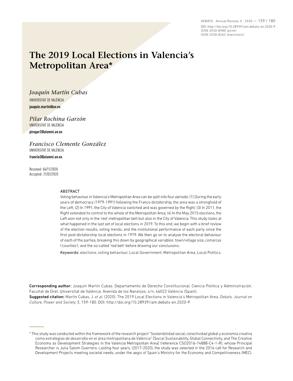 The 2019 Local Elections in Valencia's Metropolitan Area*