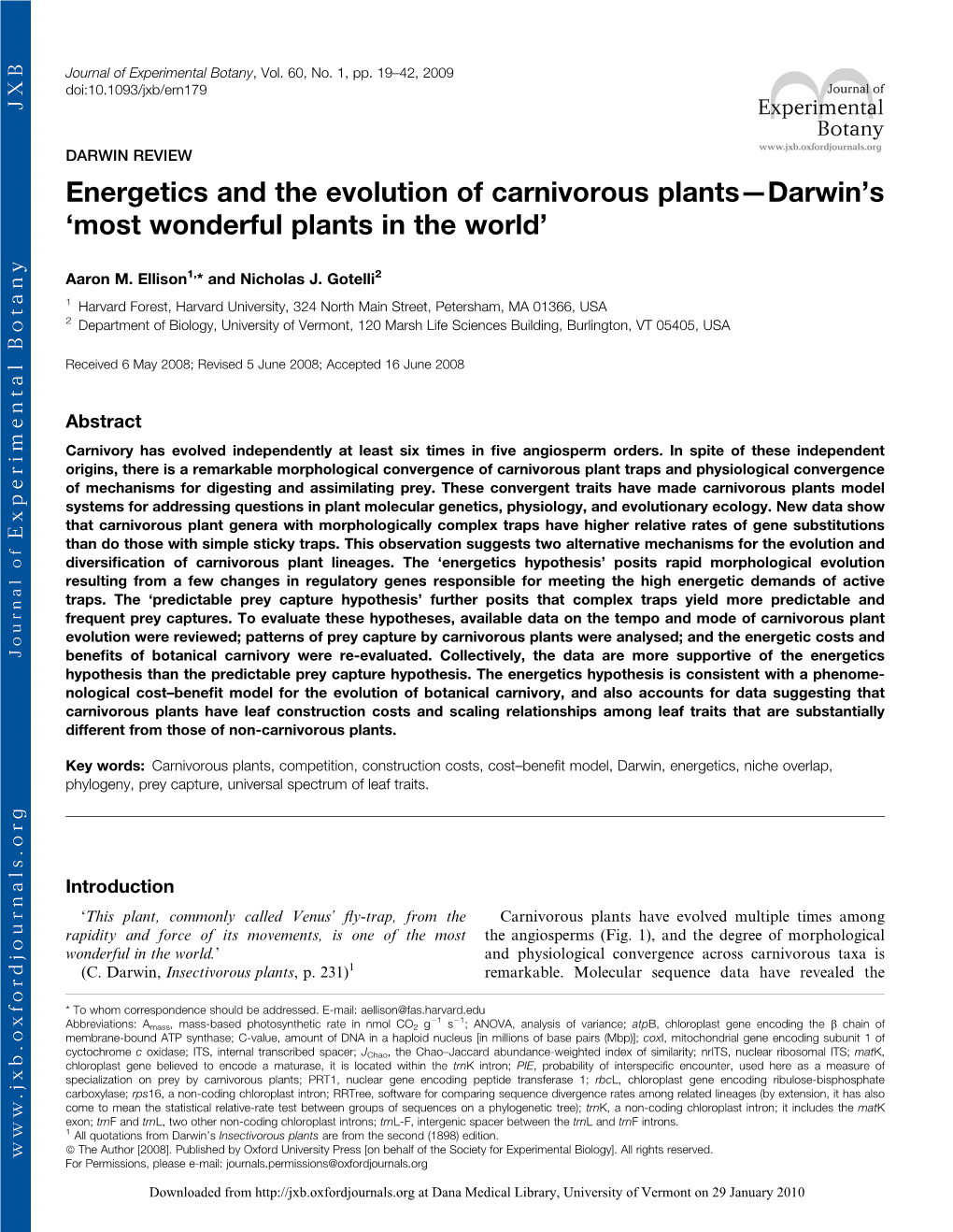 Energetics and the Evolution of Carnivorous Plants—Darwin's