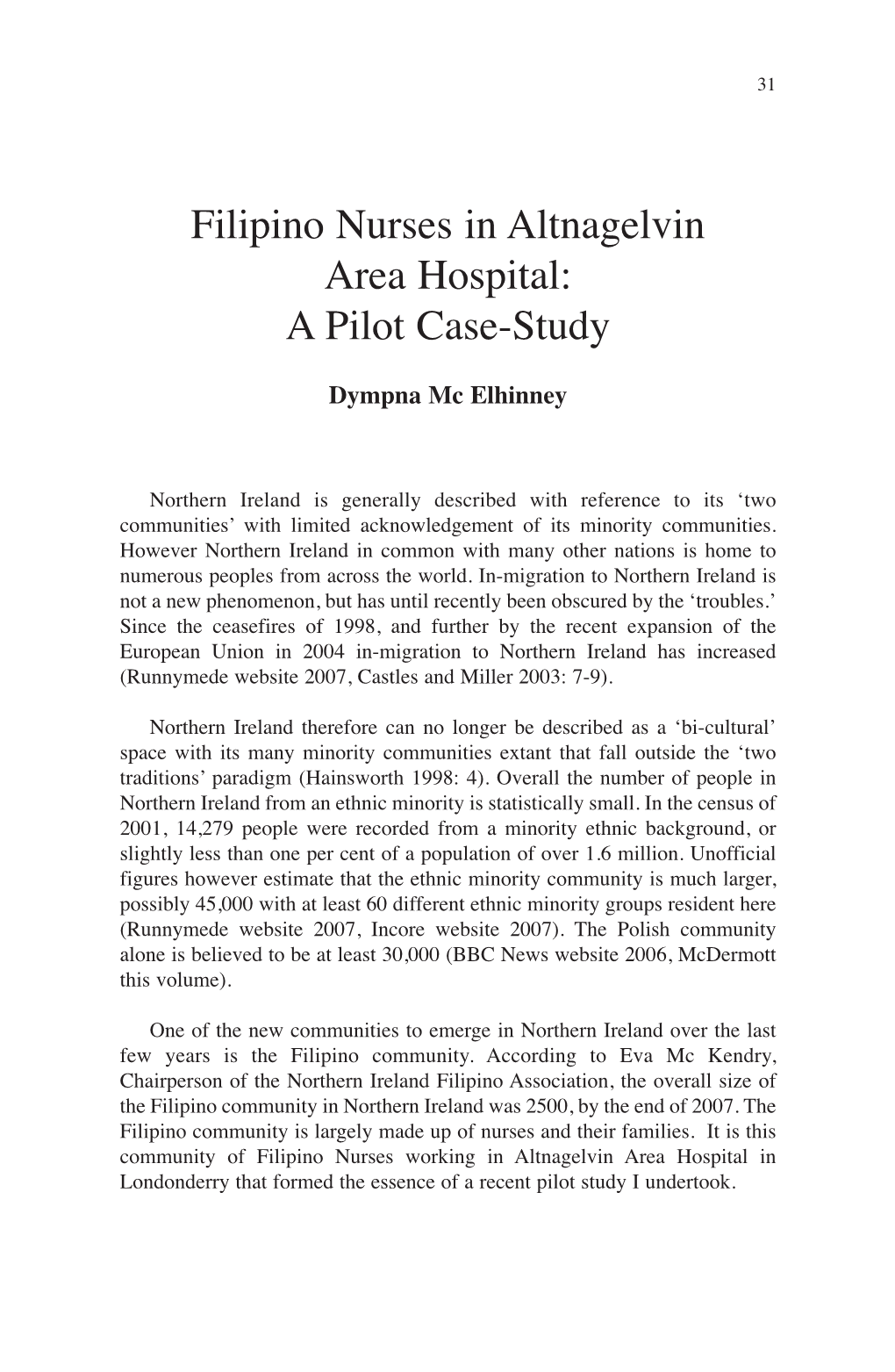 Filipino Nurses in Altnagelvin Area Hospital: a Pilot Case-Study