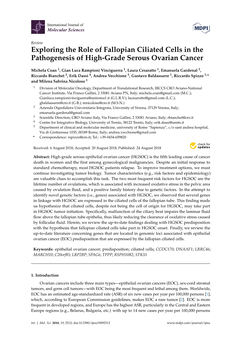 Exploring the Role of Fallopian Ciliated Cells in the Pathogenesis of High-Grade Serous Ovarian Cancer