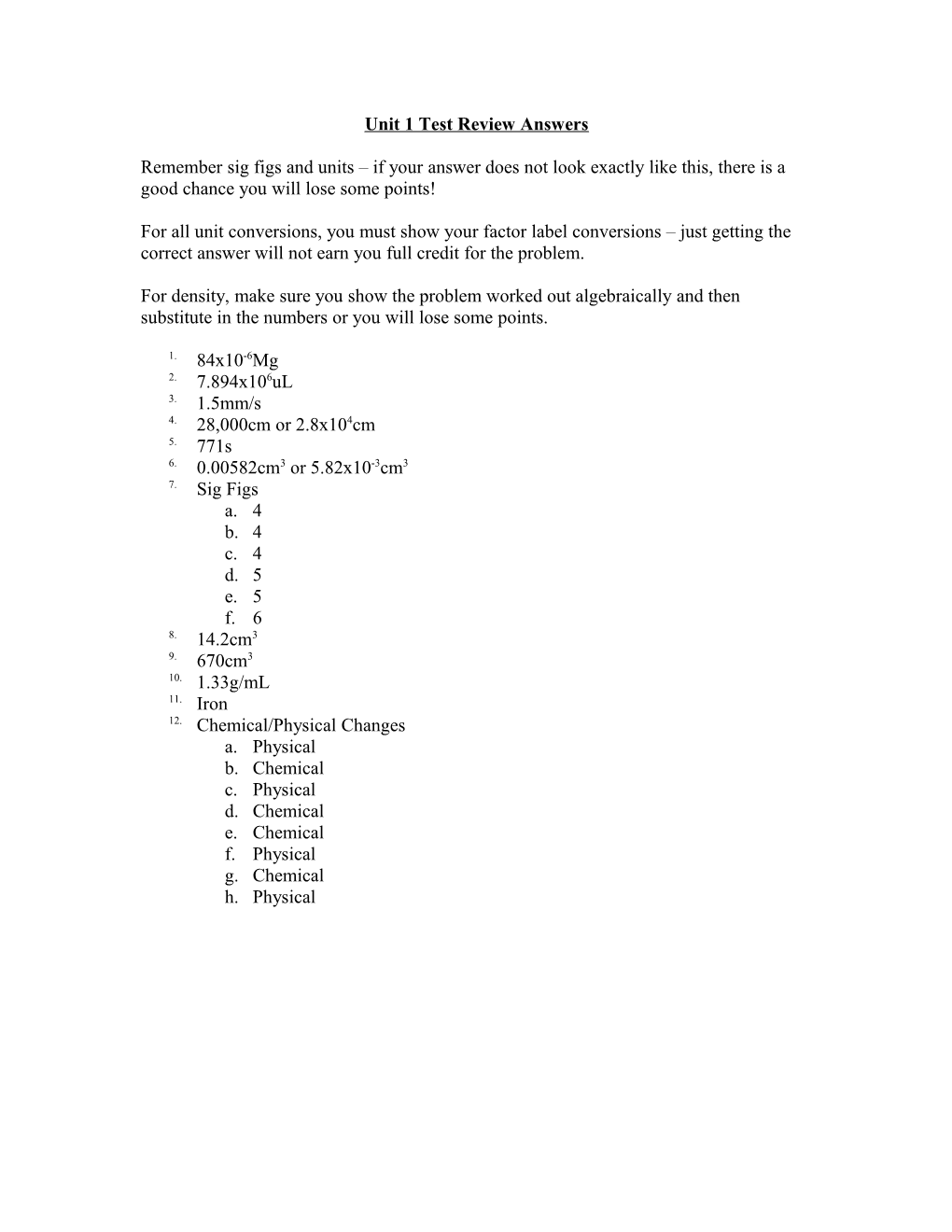 Unit 1 Test Review Answers