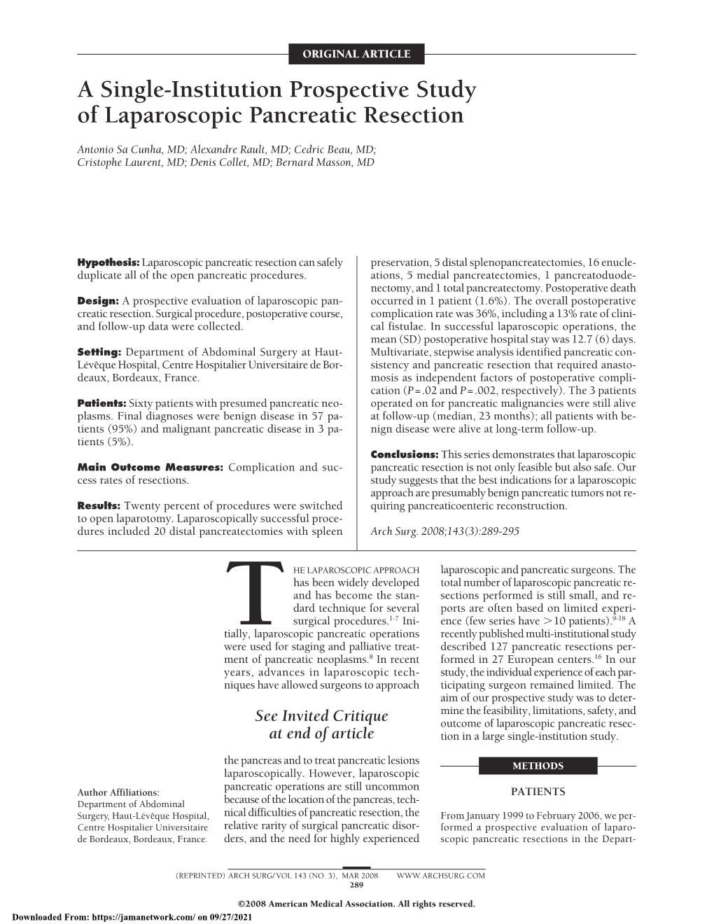 A Single-Institution Prospective Study of Laparoscopic Pancreatic Resection