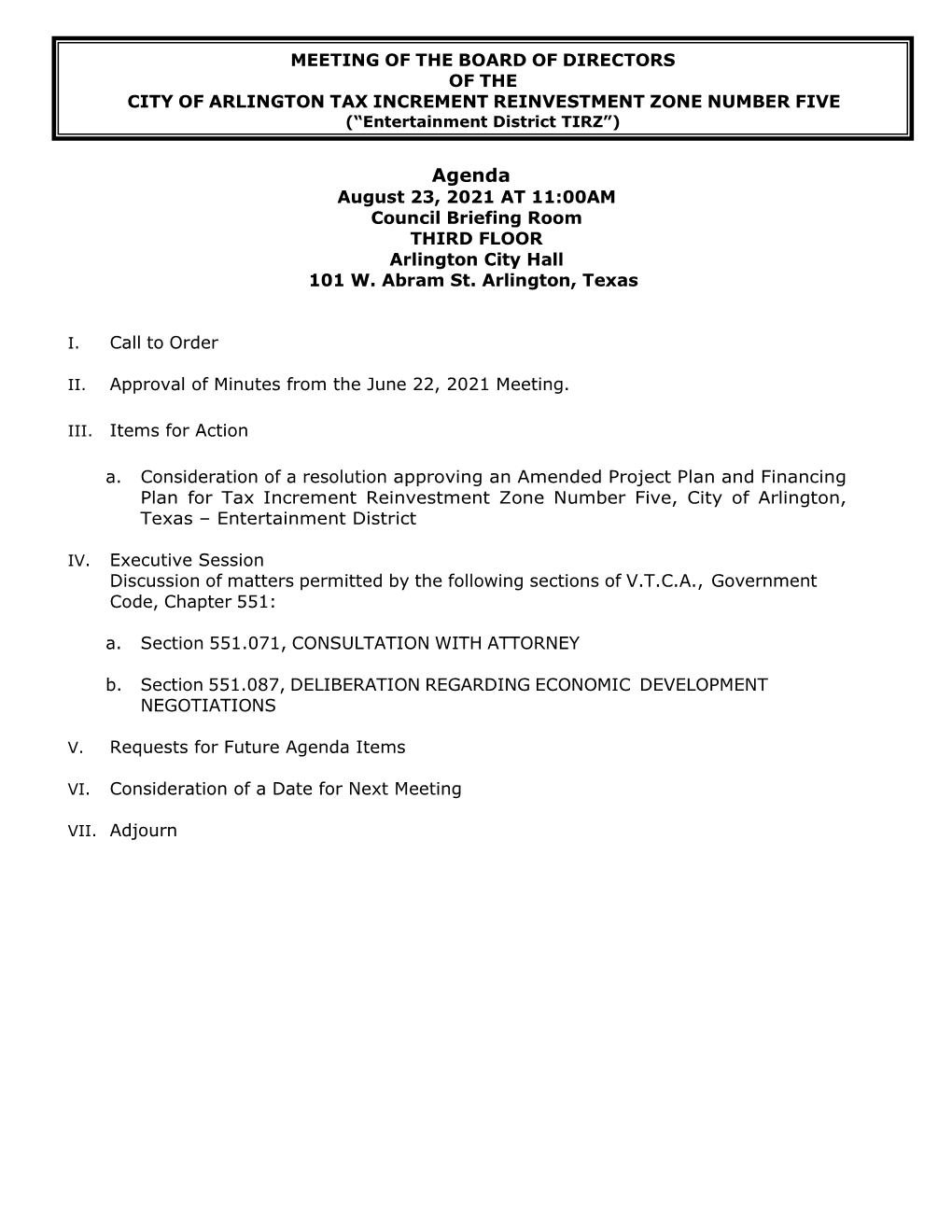 Agenda August 23, 2021 at 11:00AM Council Briefing Room THIRD FLOOR Arlington City Hall 101 W