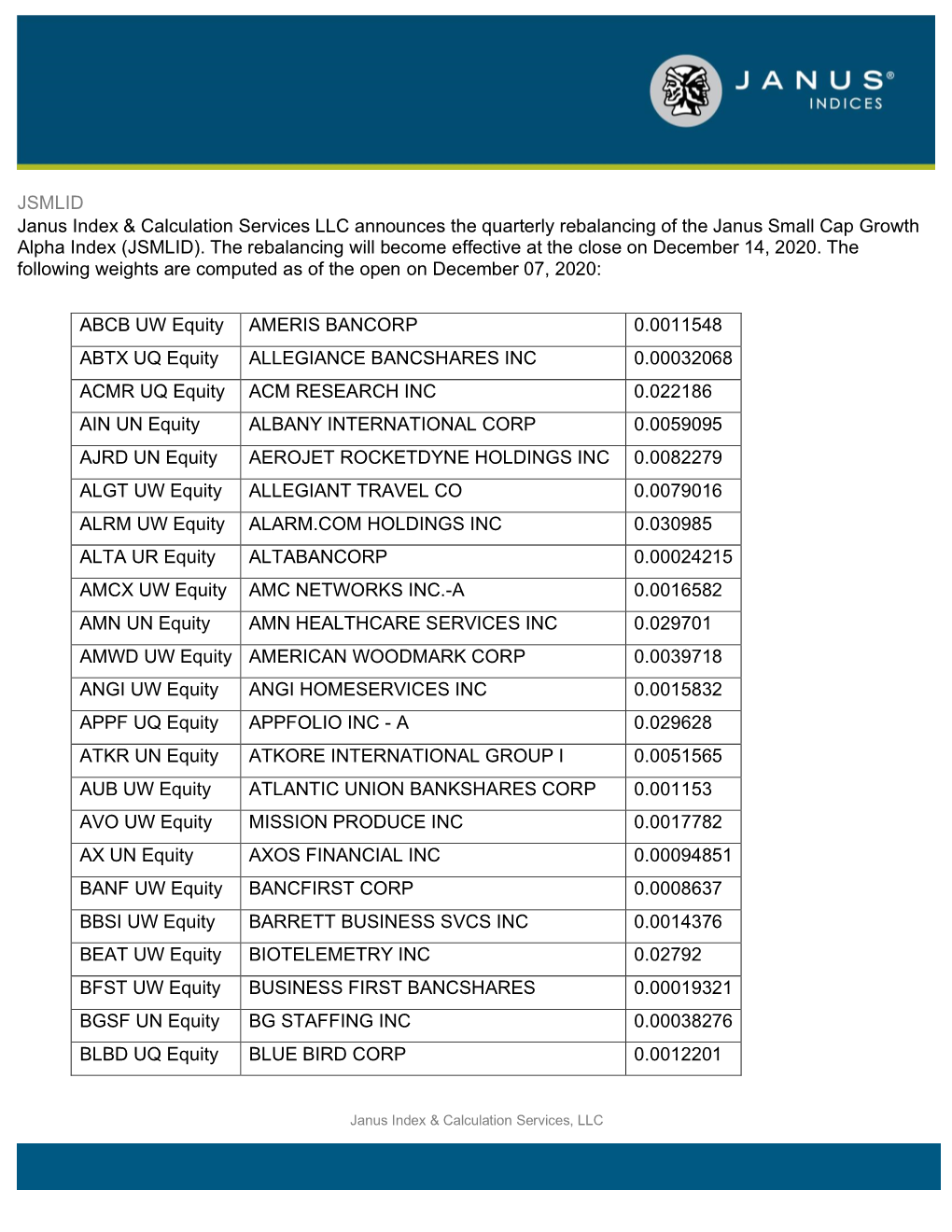 JSMLID Janus Index & Calculation Services LLC Announces The