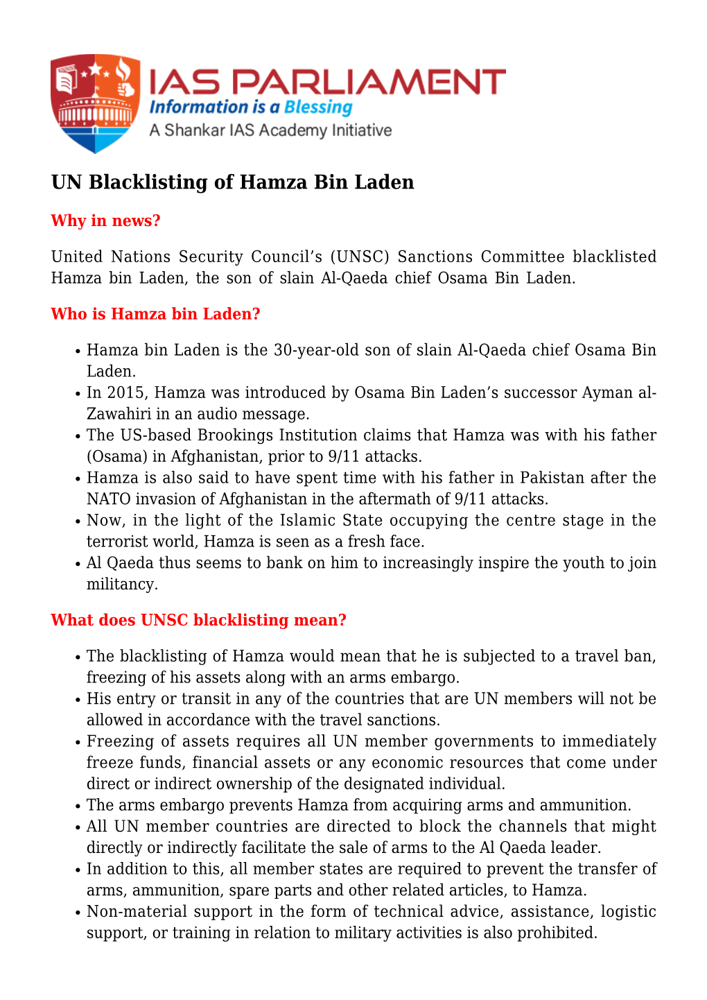 UN Blacklisting of Hamza Bin Laden