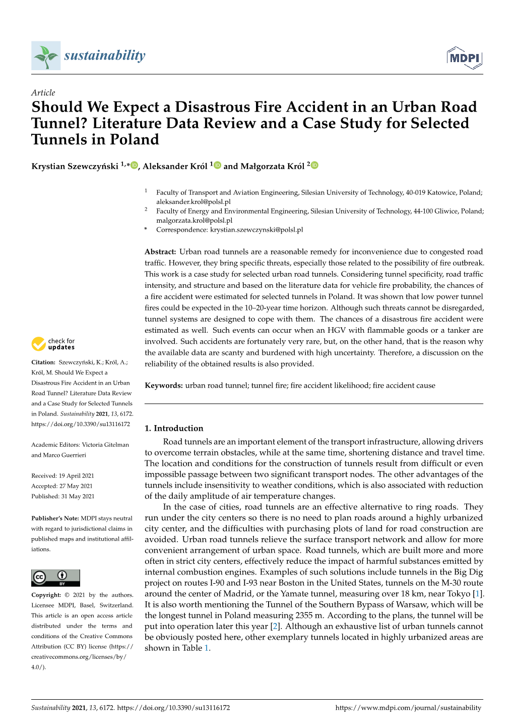 Should We Expect a Disastrous Fire Accident in an Urban Road Tunnel? Literature Data Review and a Case Study for Selected Tunnels in Poland