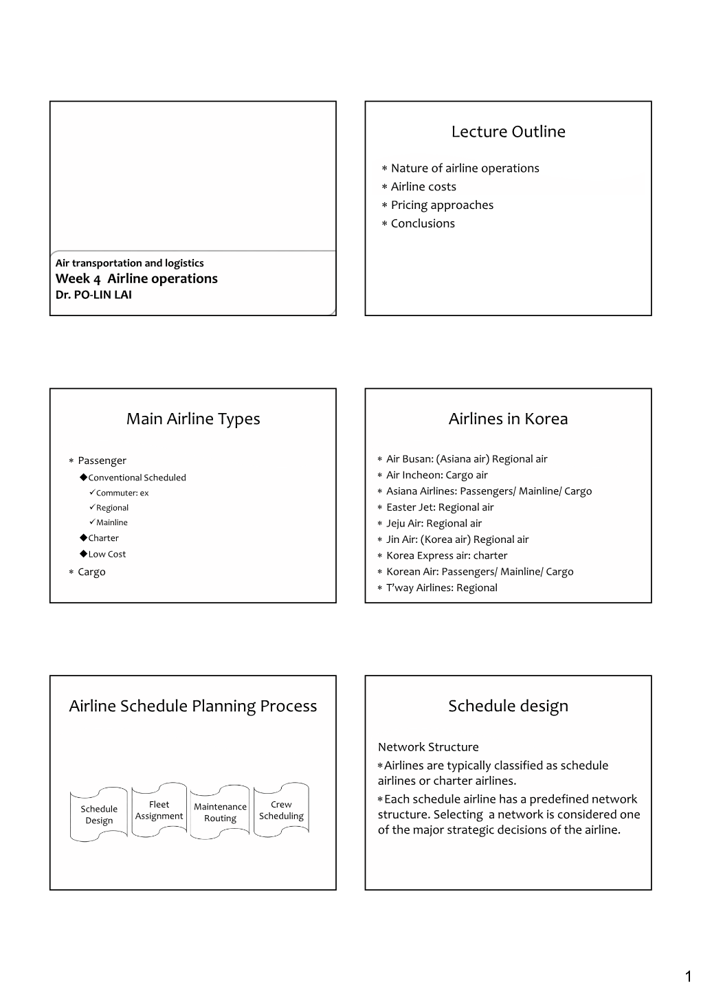 Lecture Outline Main Airline Types Airlines in Korea Airline Schedule